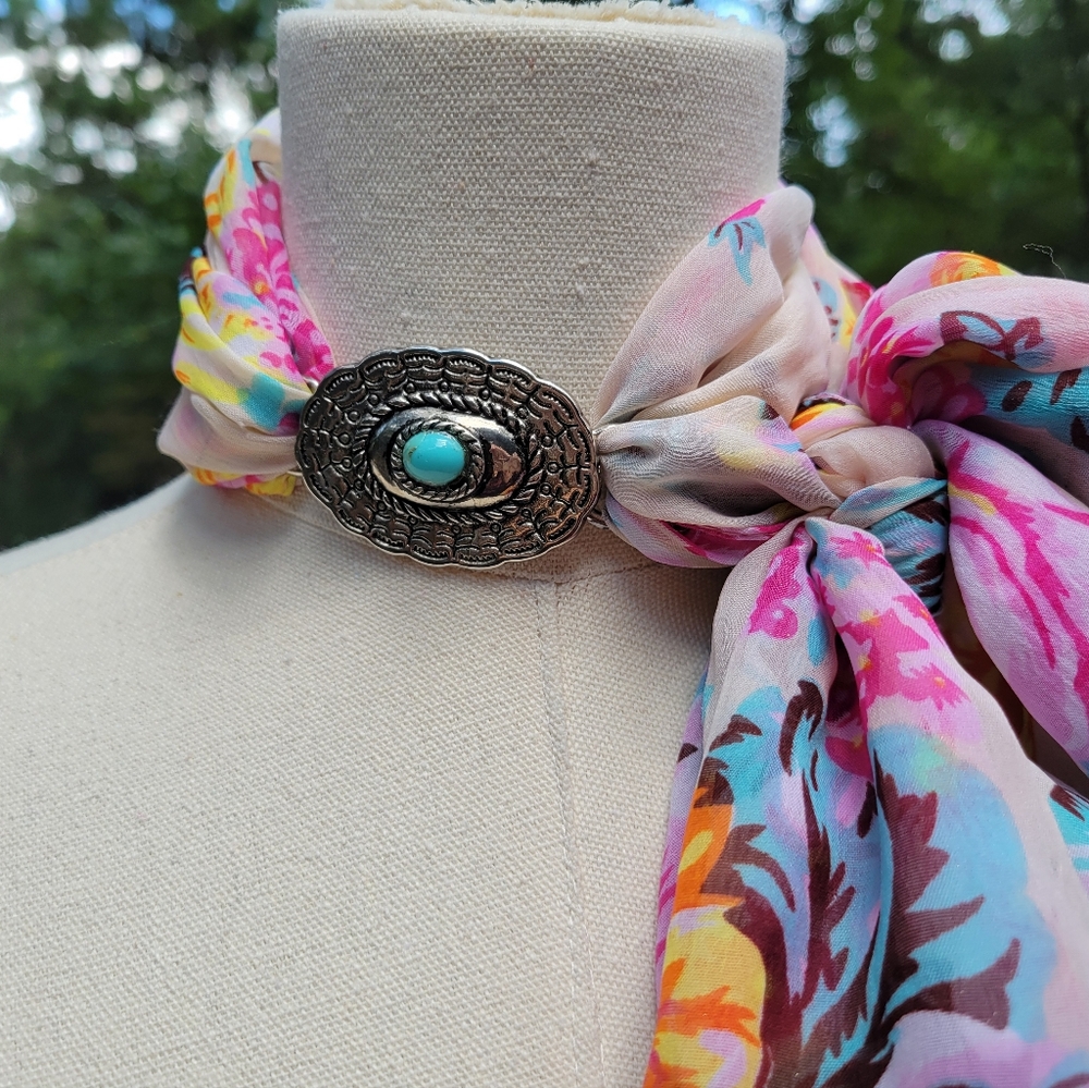 Faux Tilly Turquoise Concho & Faux Silver Slide for Twilly - Picture 2 of 9